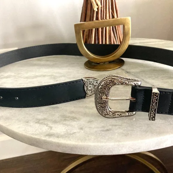 Western Belt Vintage Vegan Black Leather - Picture 2 of 7